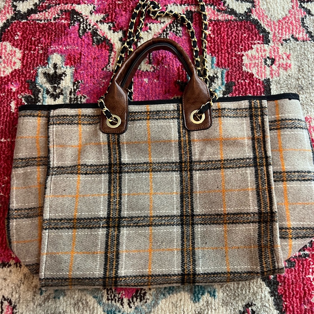 Plaid Tote Bag with Chain Straps Jen & Co purse handbag brown